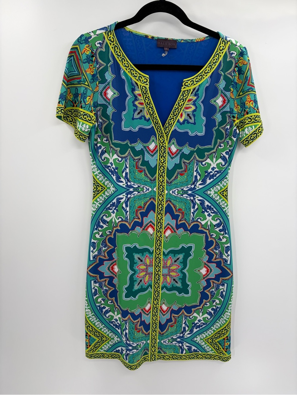 Hale Bob Blue Green preppy Medallion Print V Neck Stretch sheath dress sz small